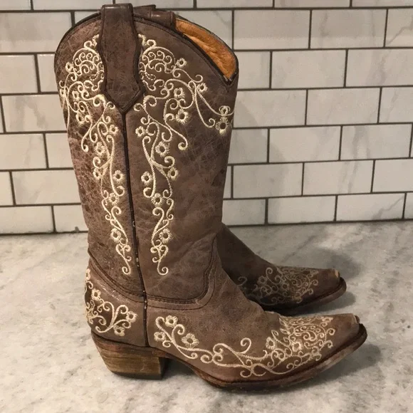 Corral Boots Girls Size 2.5 Teen Brown Leather Embroidered Western Boho Cowgirl - Picture 1 of 12